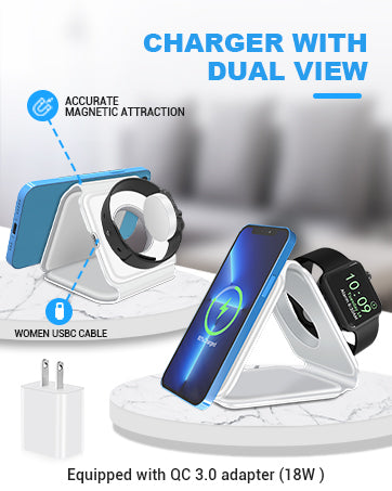 3 in 1 Wireless Magnetic Charger For iPhone 14 13 12 Pro Max Apple Watch/Airpods (QC3.0 Adapter Included)