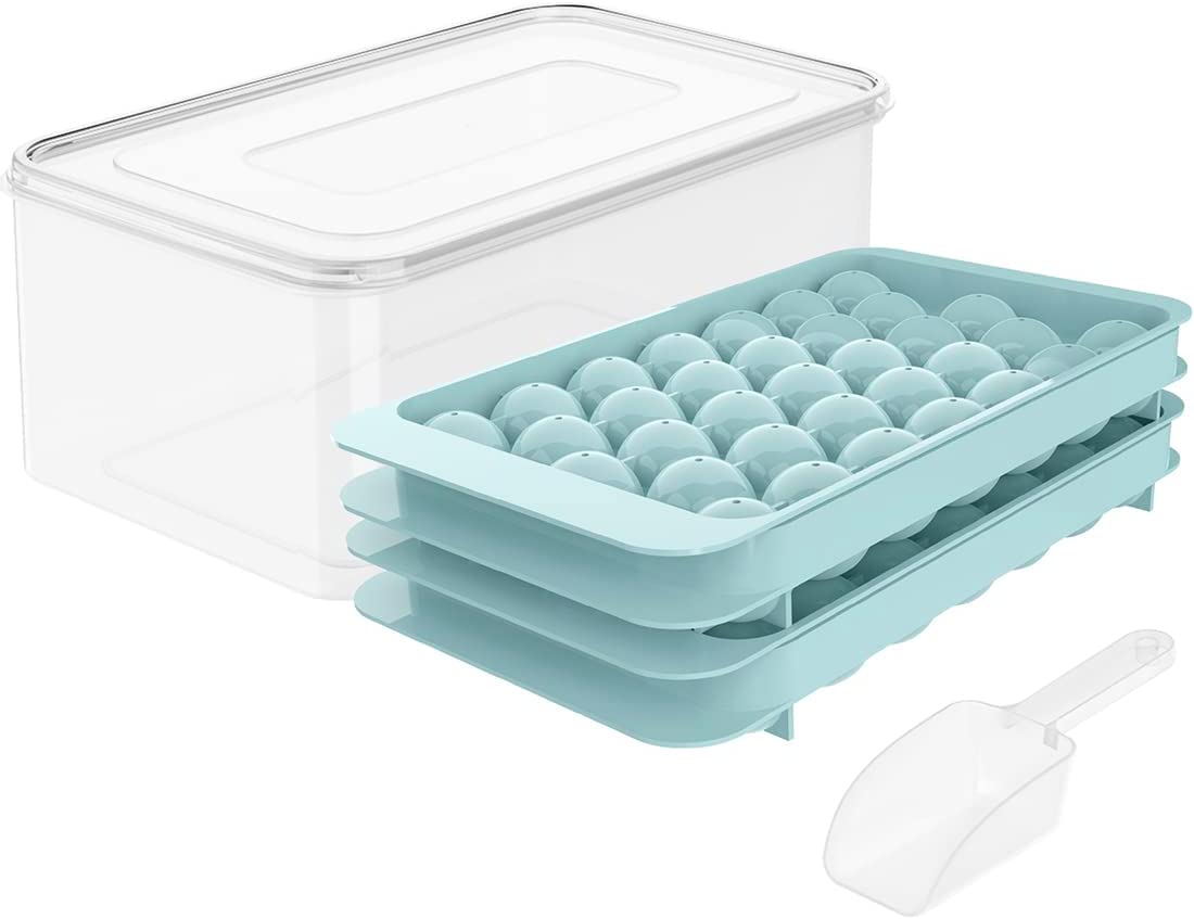 Round Ice Cube Tray Maker Mold w/ Lid & Bin