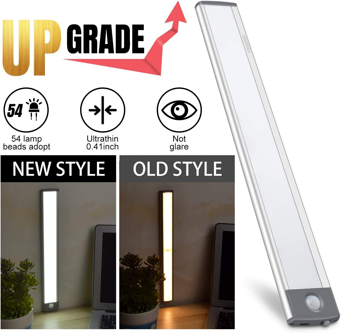 Motion Sensor Cabinet Light 54 LED Under Counter Closet Lighting Wireless Rechargeable - 2 Pack