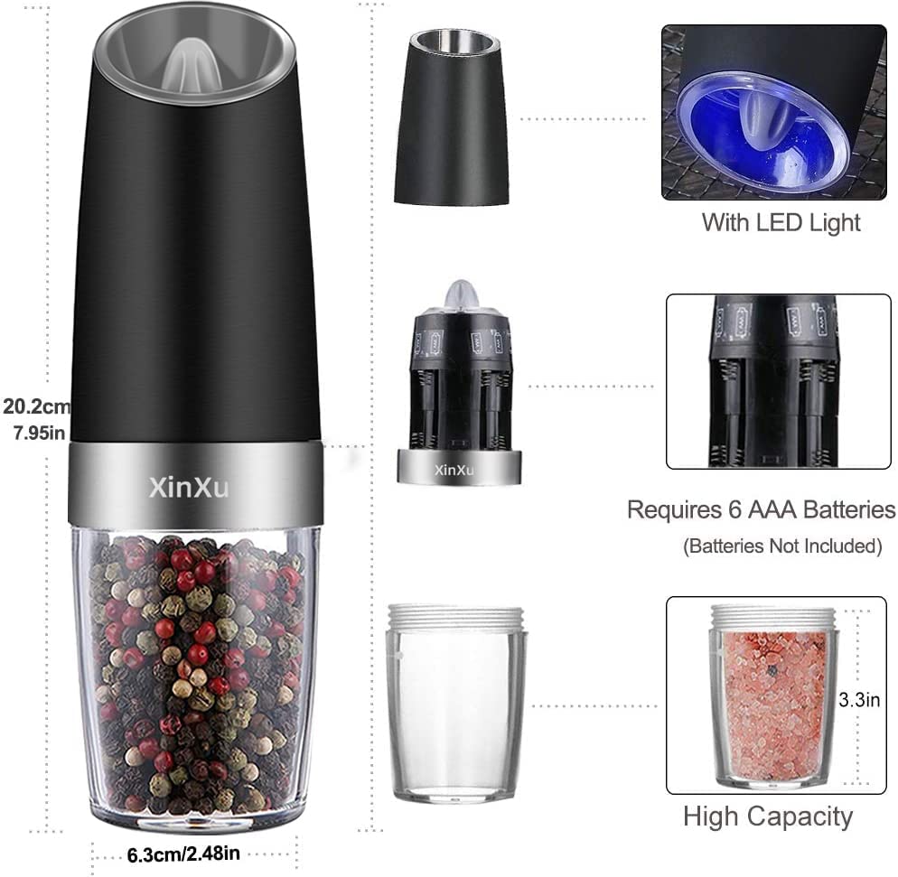 Gravity Electric Automatic Pepper and Salt Mill Stainless Steel w/ LED Light - 2 Pack