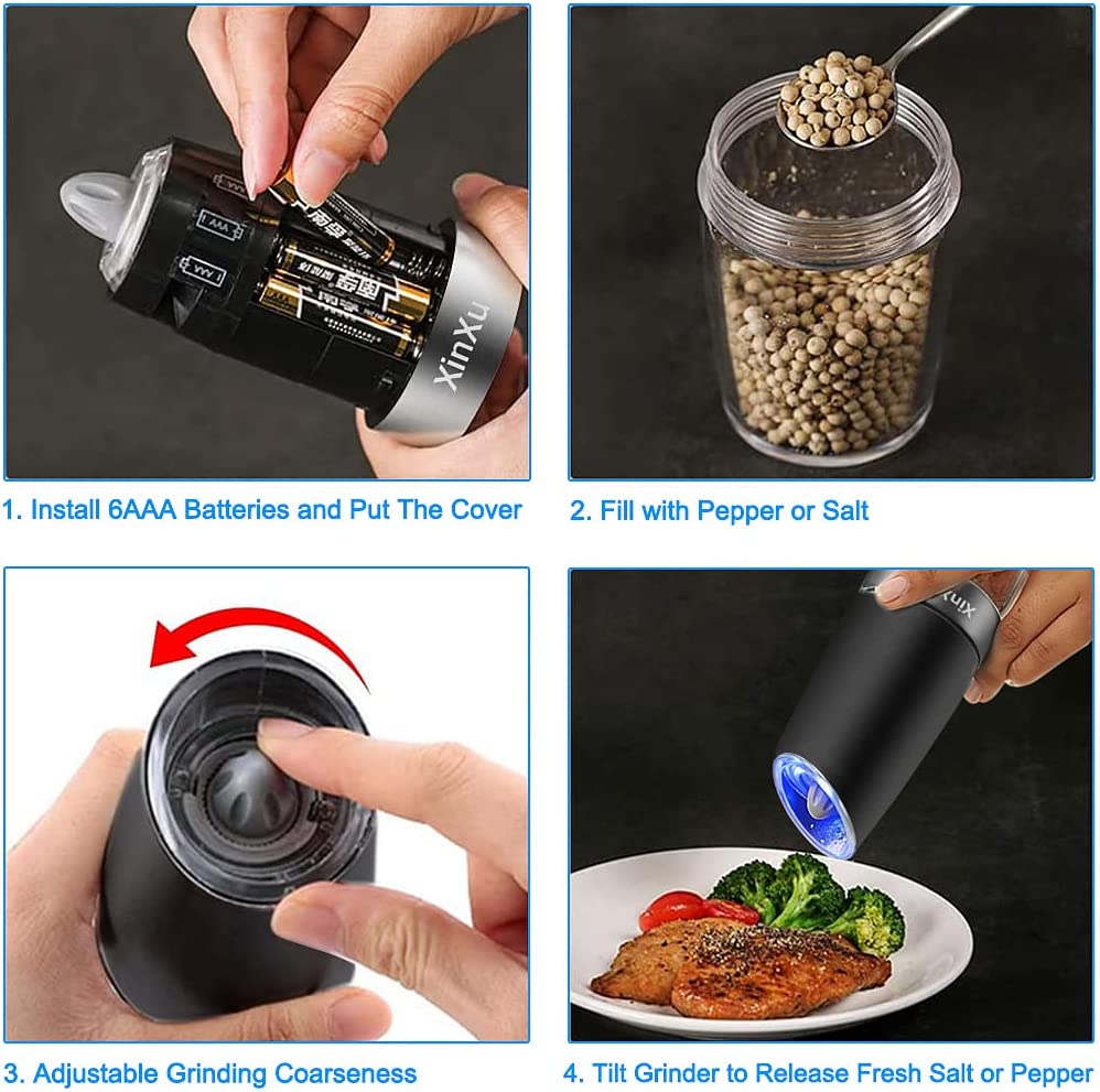 Gravity Electric Automatic Pepper and Salt Mill Stainless Steel w/ LED Light - 2 Pack