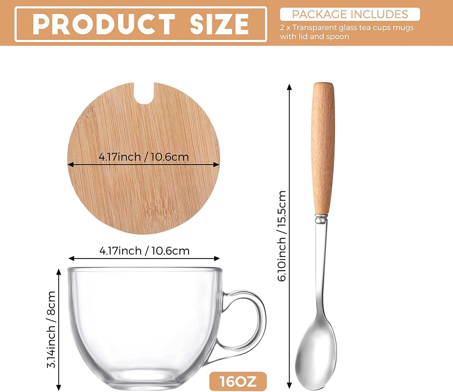 2 Pieces Glass Cup Mug w/ Lid & Spoon For Breakfast Tea Milk Beverage Oats Yoghurt