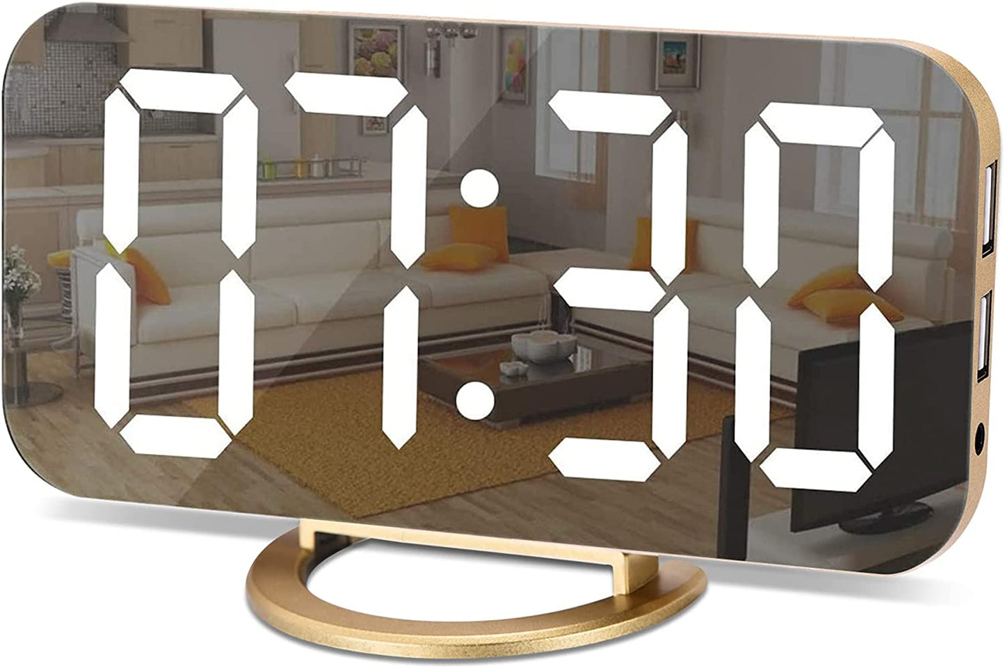 Large Digital Alarm Clock w/ LED and Mirror Dual USB Charger Ports 3 Levels