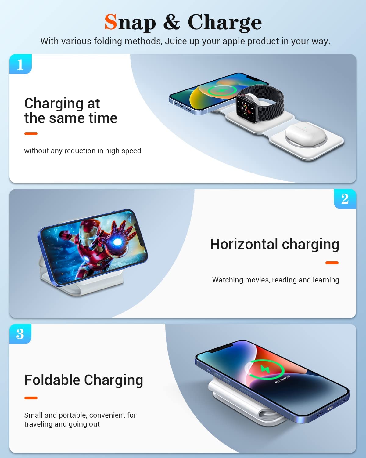 3 in 1 Wireless Magnetic Charger For iPhone 14 13 12 Pro Max Apple Watch/Airpods (QC3.0 Adapter Included)