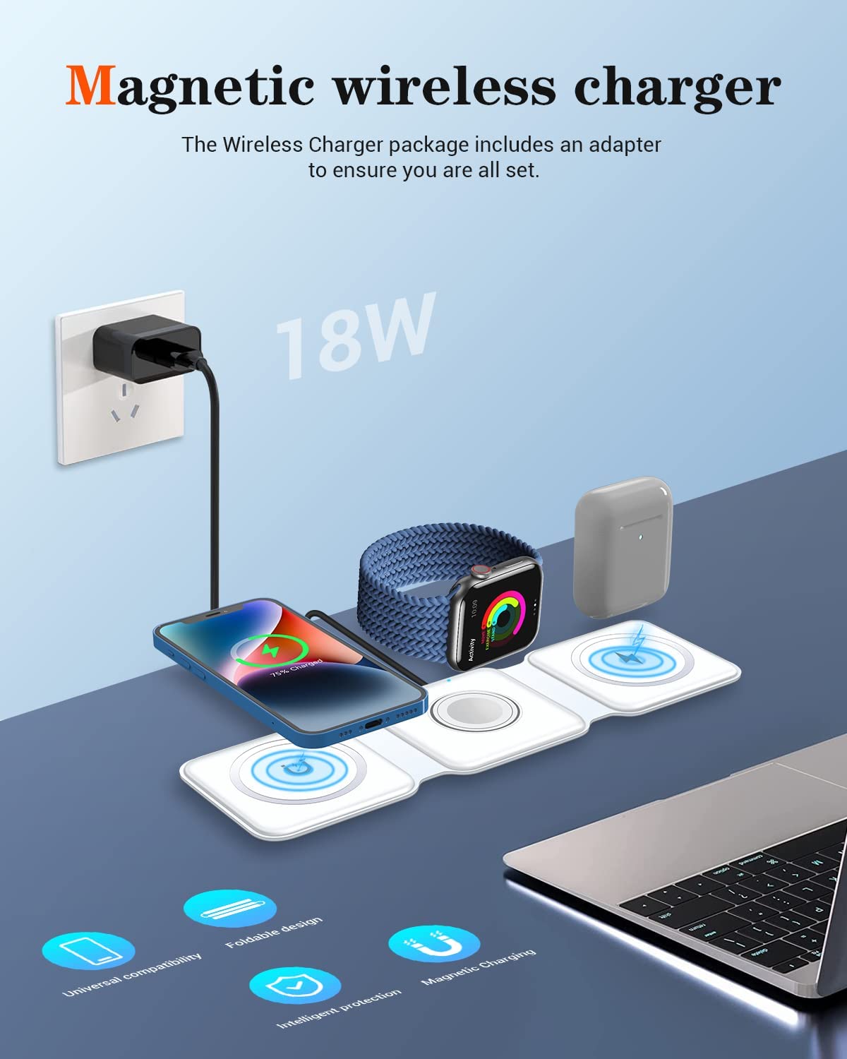 3 in 1 Wireless Magnetic Charger For iPhone 14 13 12 Pro Max Apple Watch/Airpods (QC3.0 Adapter Included)