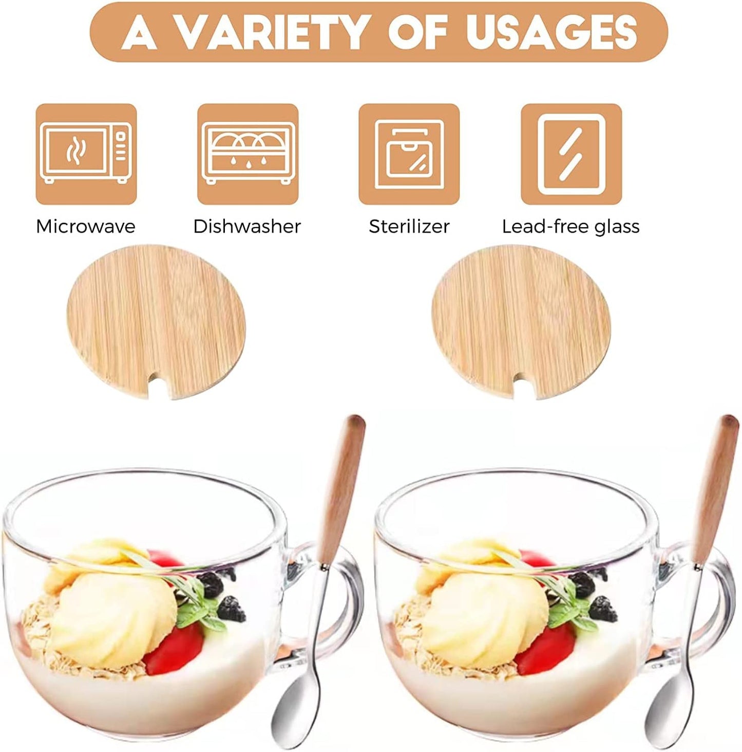 2 Pieces Glass Cup Mug w/ Lid & Spoon For Breakfast Tea Milk Beverage Oats Yoghurt