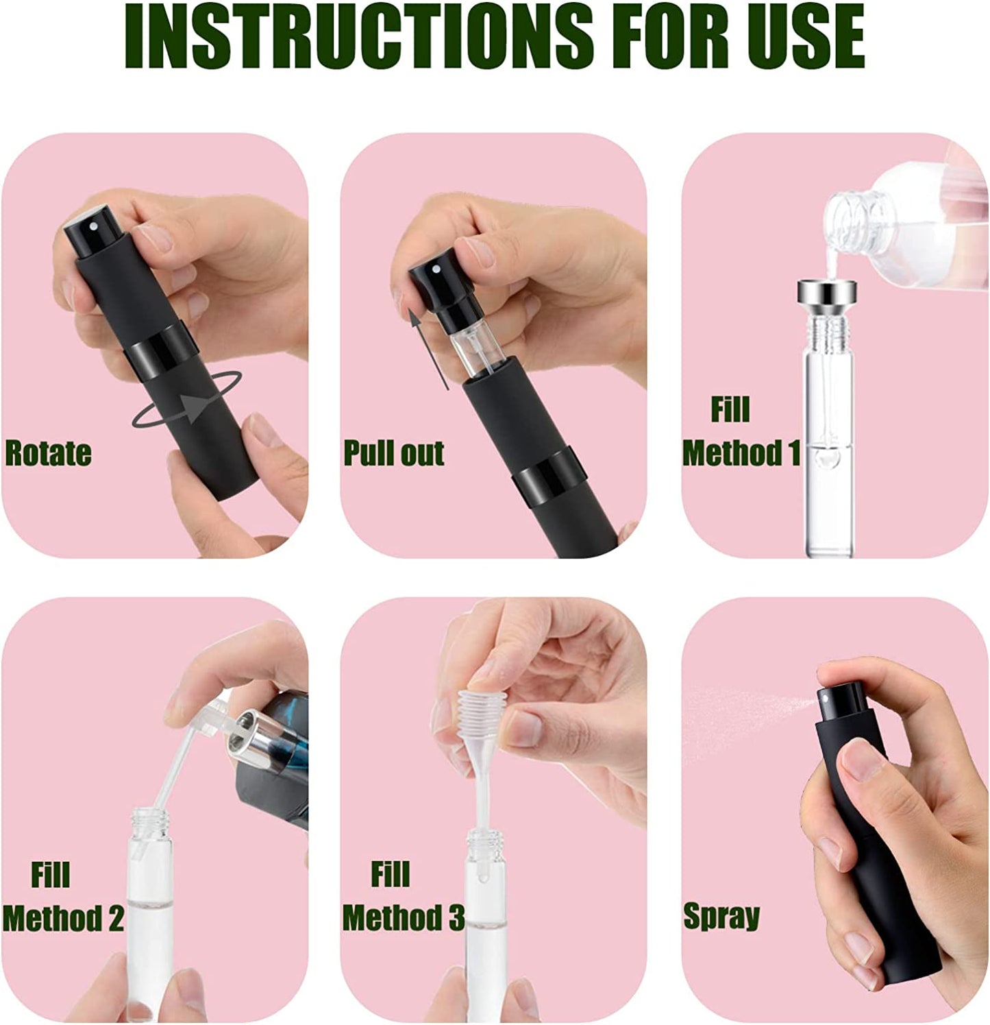 Portable Mini Perfume Atomizer Bottles 8ml 2 PCS w/ 3 Refillable Tools