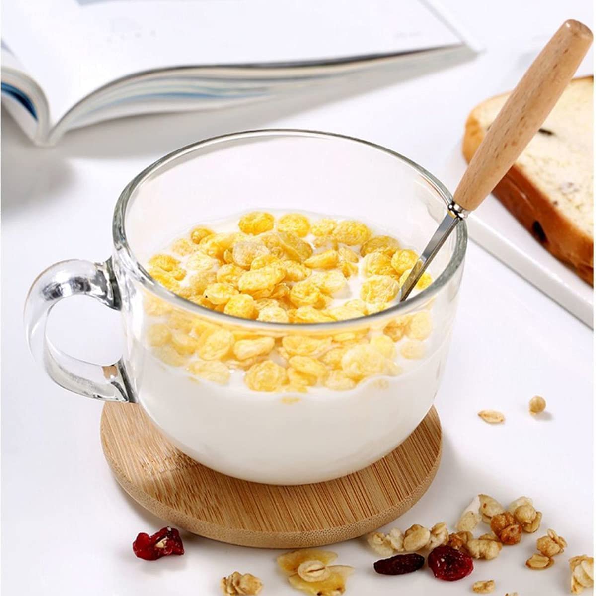 2 Pieces Glass Cup Mug w/ Lid & Spoon For Breakfast Tea Milk Beverage Oats Yoghurt