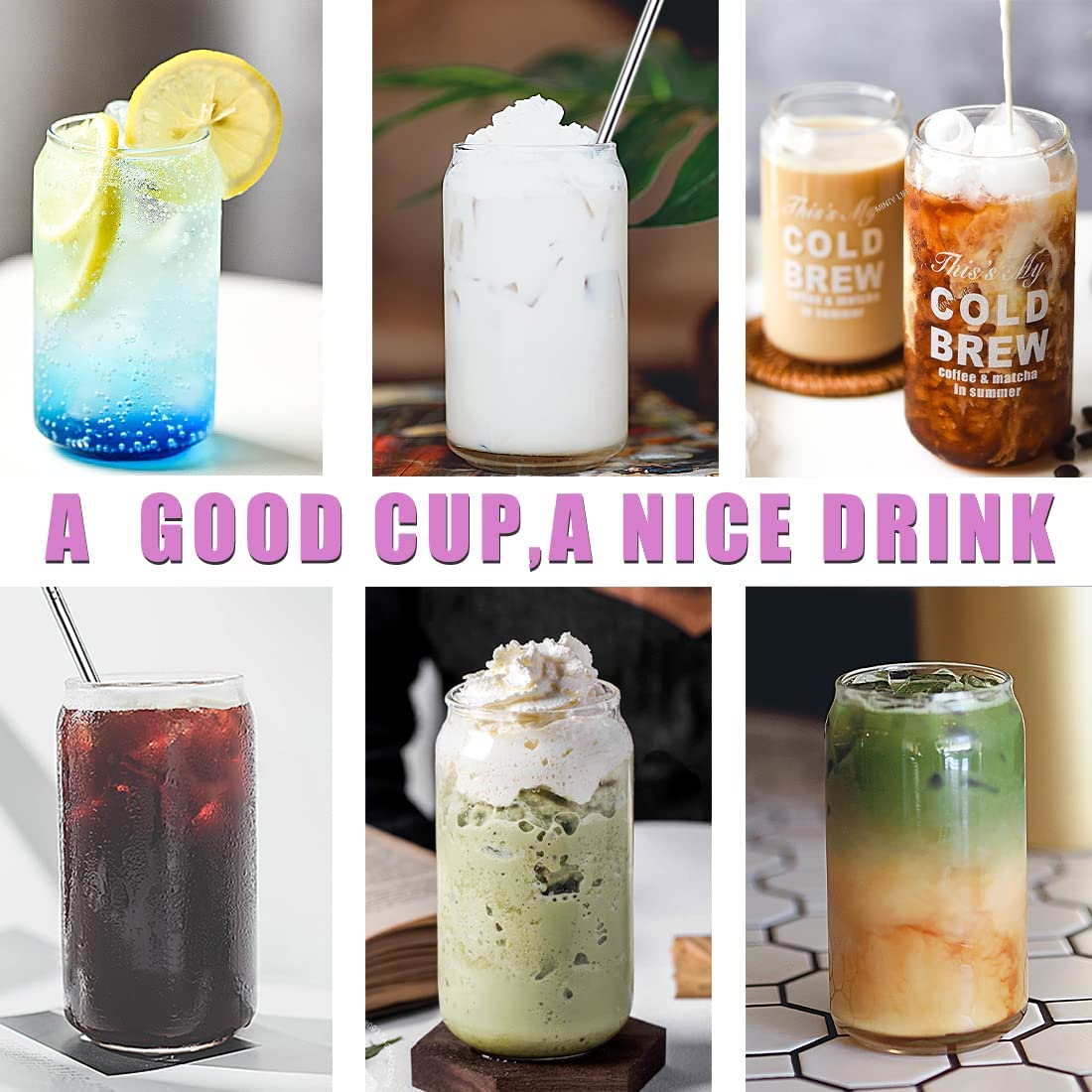 6 PCS Glass Cups w/ Lids & Straws