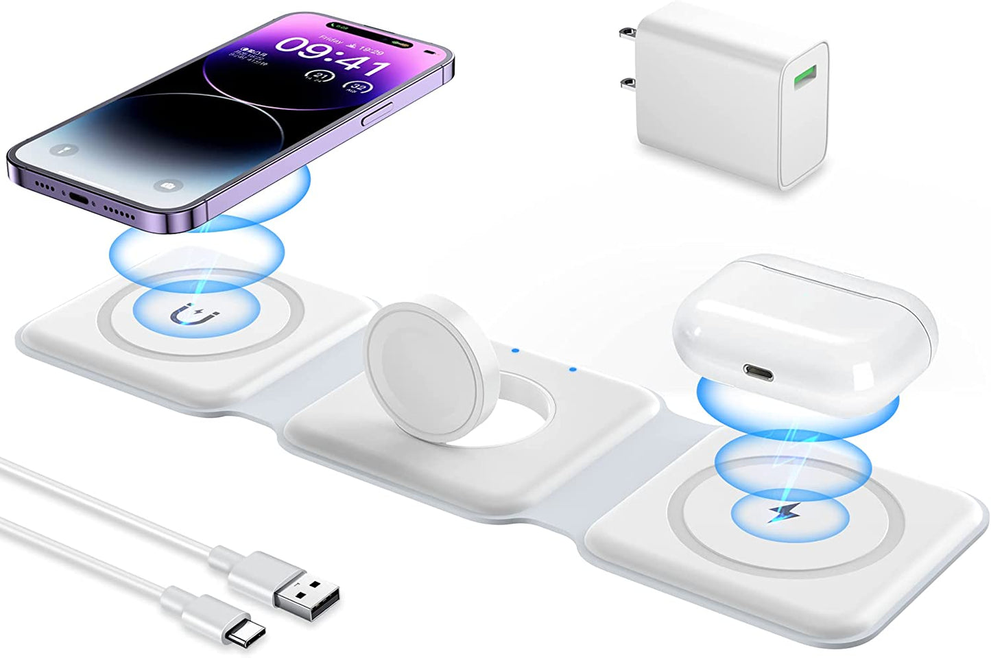 3 in 1 Wireless Magnetic Charger For iPhone 14 13 12 Pro Max Apple Watch/Airpods (QC3.0 Adapter Included)