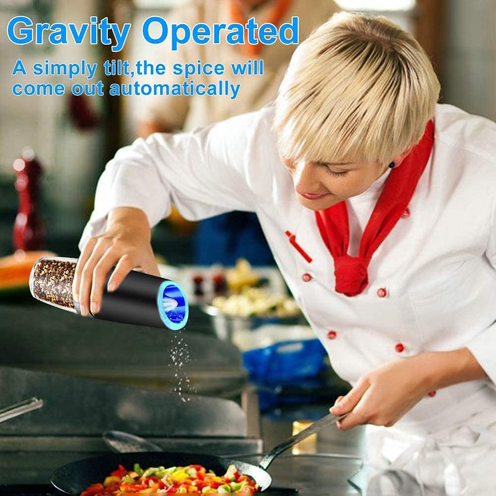 Gravity Electric Automatic Pepper and Salt Mill Stainless Steel w/ LED Light - 2 Pack