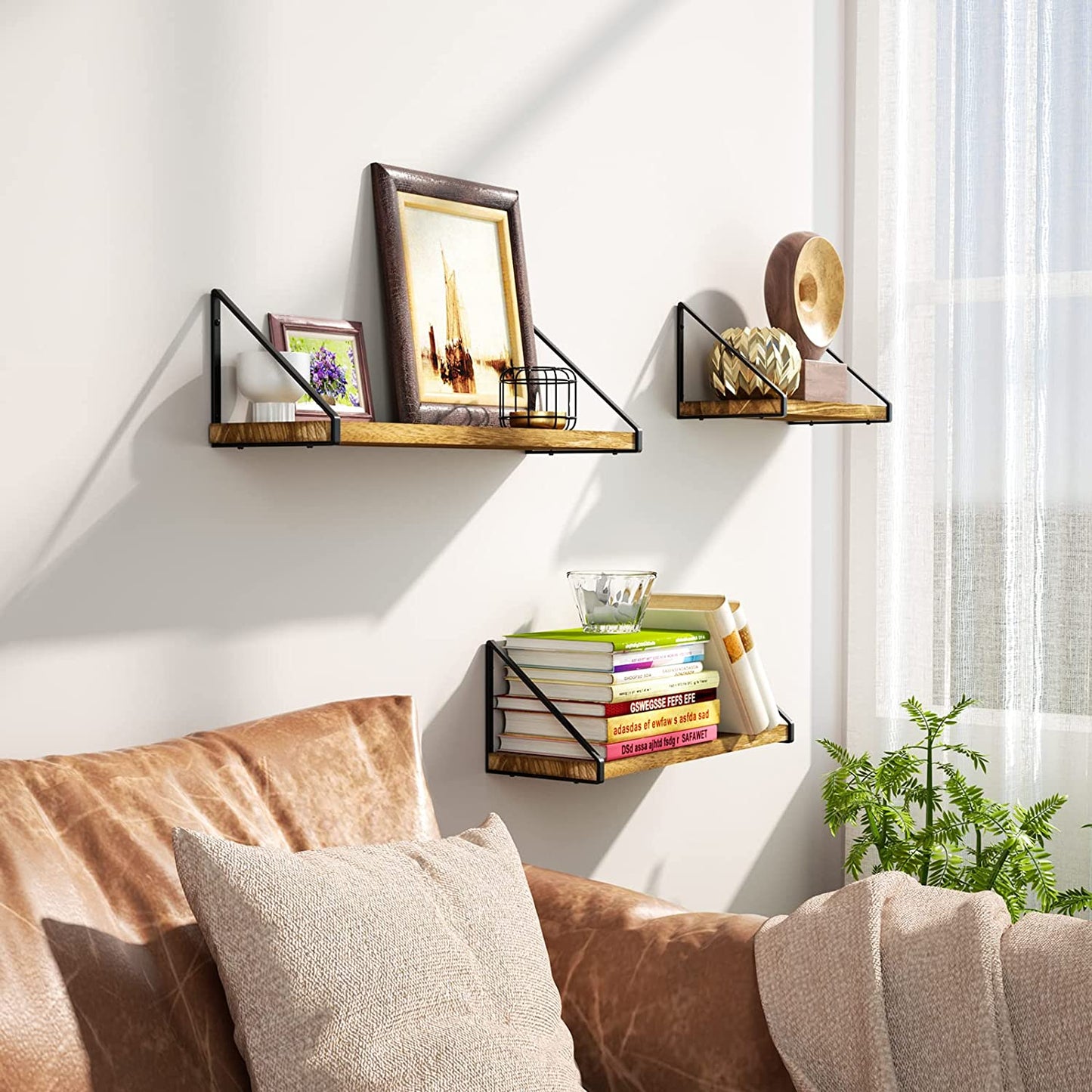 Floating Shelves Wall Mounted Storage Set of 3 Carbonized Black For Living Room Bedroom Kitchen