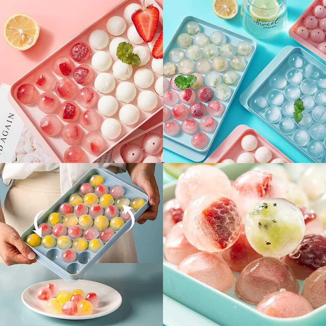 Round Ice Cube Tray Maker Mold w/ Lid & Bin