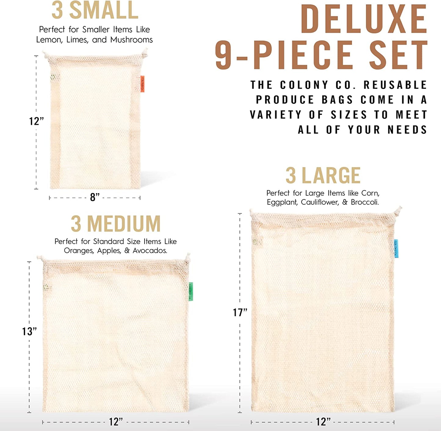 Reusable Produce Bags Cotton Mesh - 9 Pack