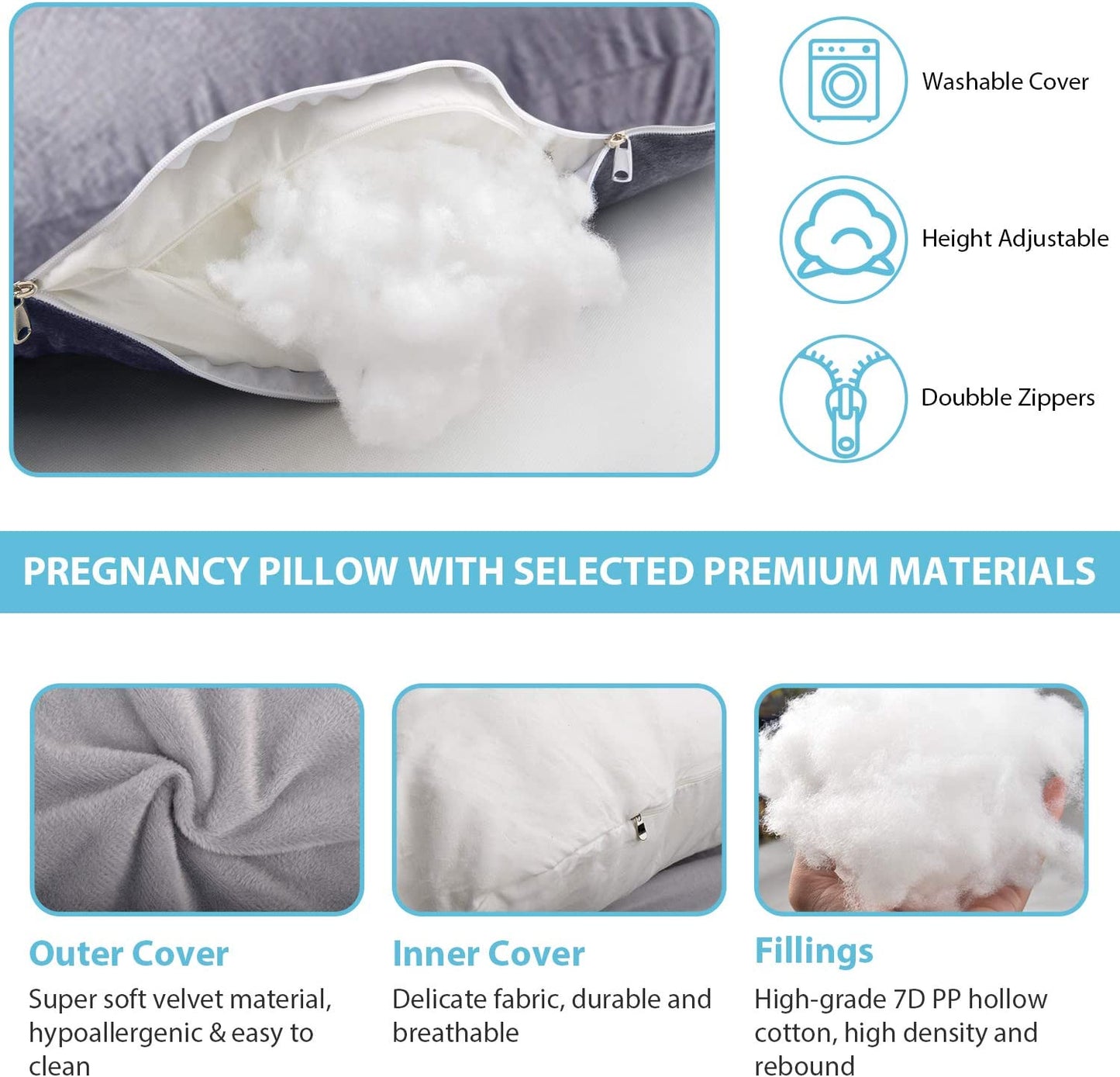 Full Body Pillow w/ Cooling Support for Back, Hips, Legs, Belly for Pregnant Women (Velvet-Grey)