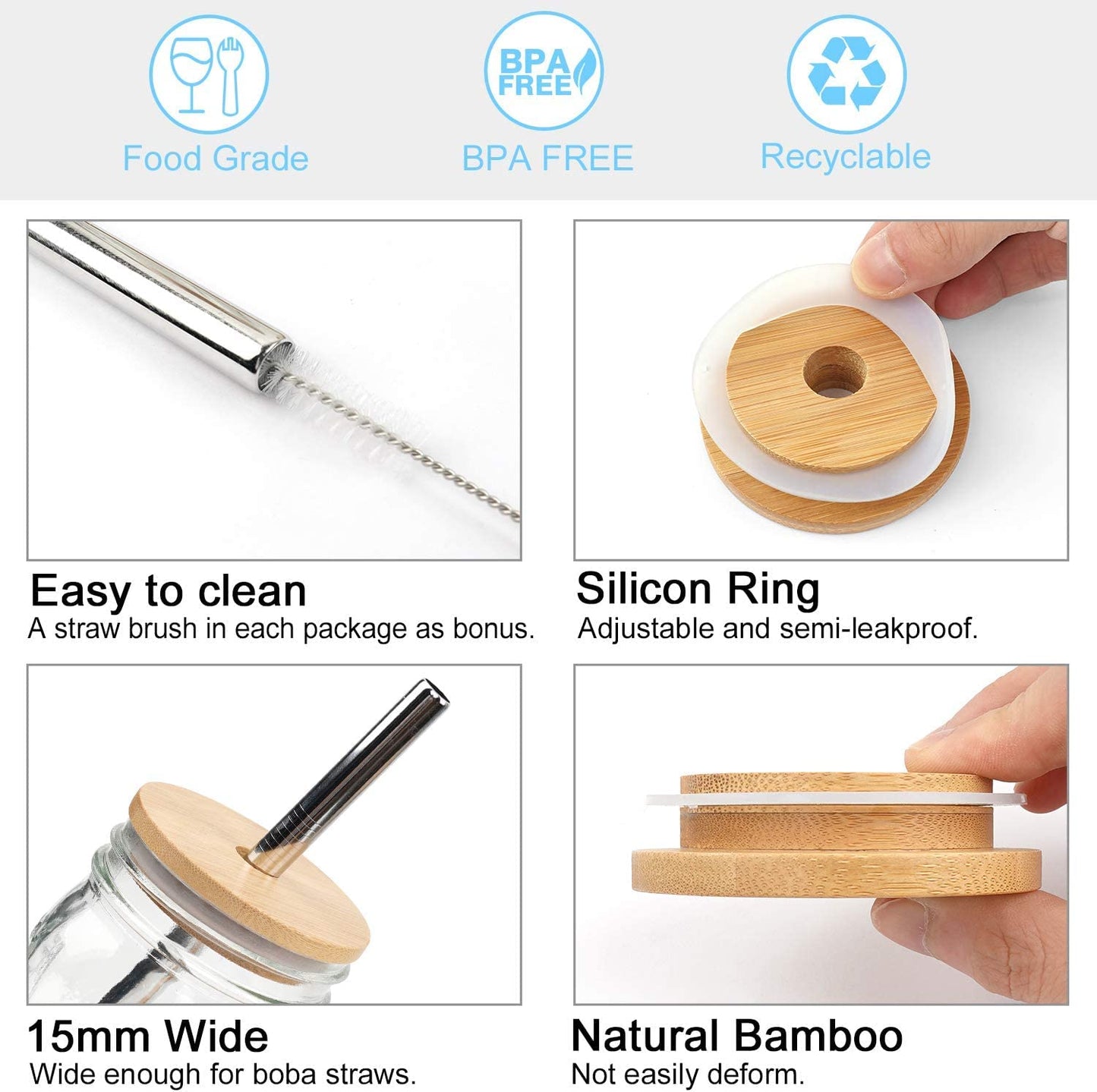 Mason Jar Lids w/ 2 Reusable Stainless Steel Straw