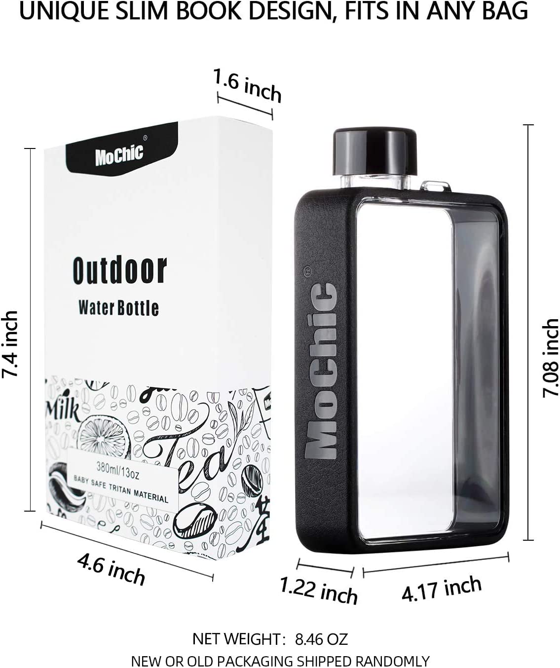Water Bottle Travel Flask Portable Flat Travel Mug BPA Free 13oz