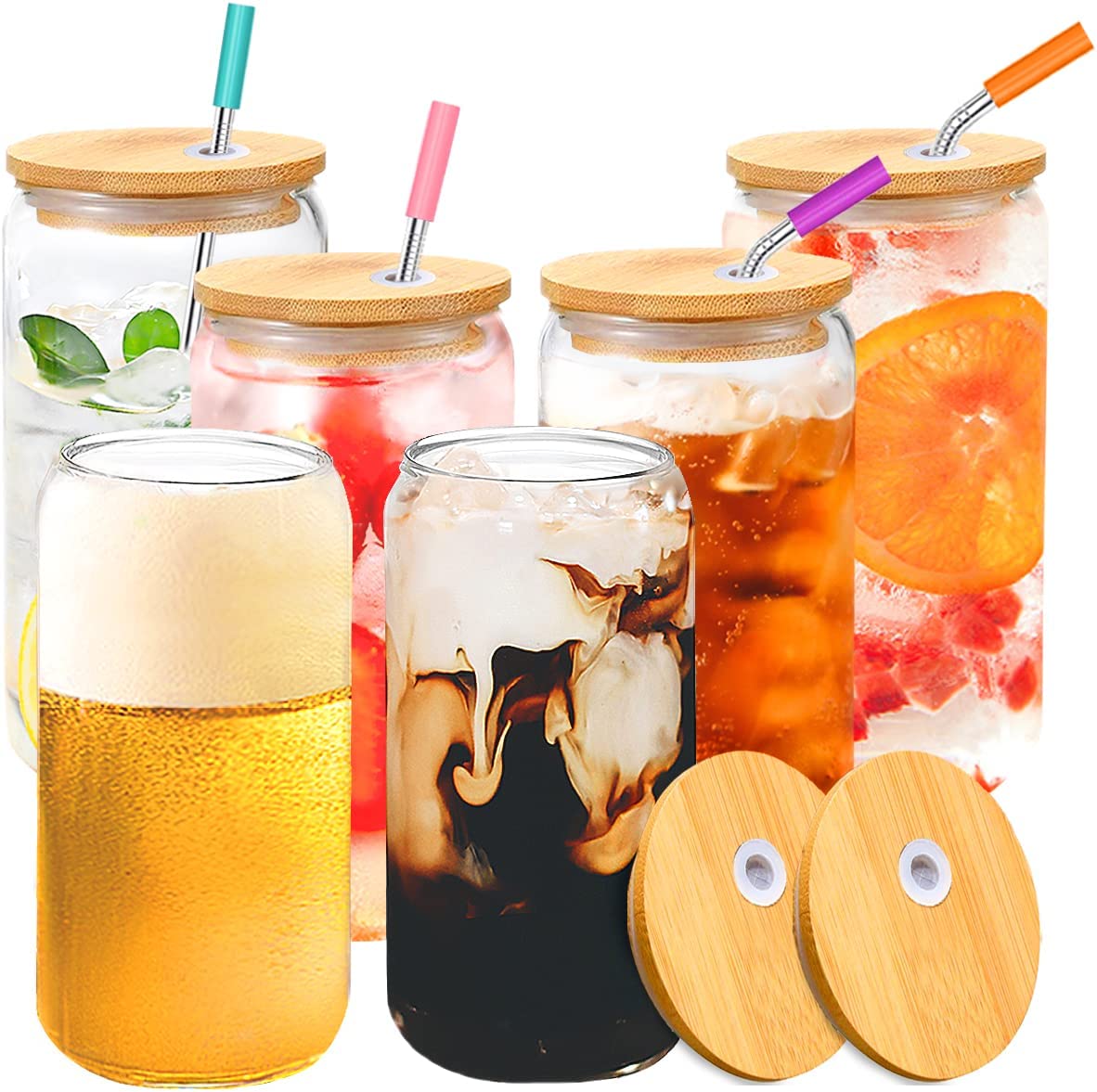 6 PCS Glass Cups w/ Lids & Straws