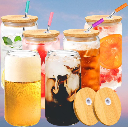 6 PCS Glass Cups w/ Lids & Straws