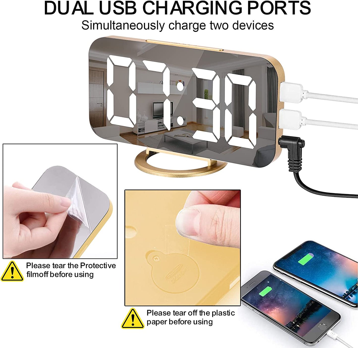 Large Digital Alarm Clock w/ LED and Mirror Dual USB Charger Ports 3 Levels