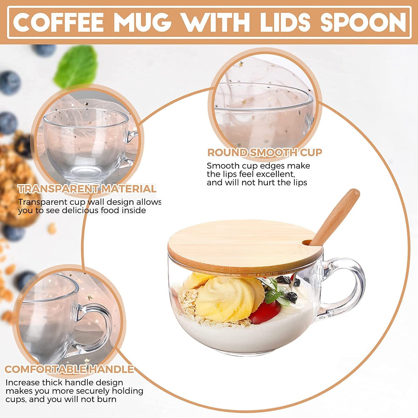 2 Pieces Glass Cup Mug w/ Lid & Spoon For Breakfast Tea Milk Beverage Oats Yoghurt