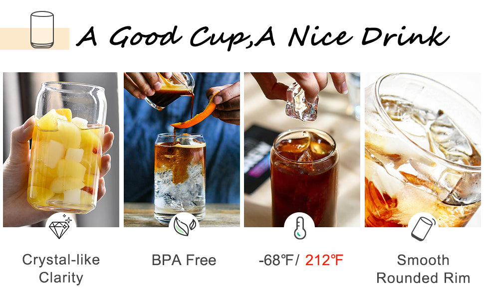 6 PCS Glass Cups w/ Lids & Straws