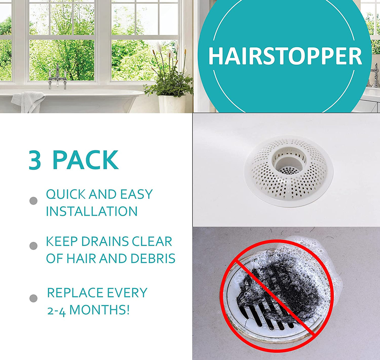 Hair Stopper Plastic Bathtub Drain Protector for Bathtubs & Showers White 3 Count