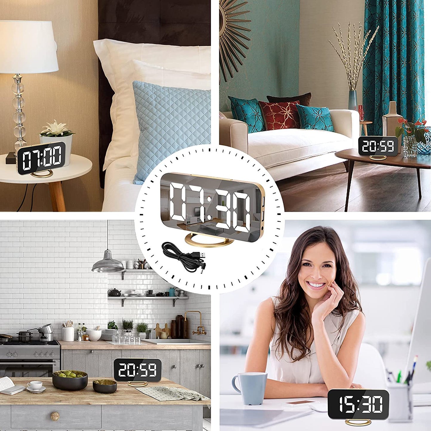 Large Digital Alarm Clock w/ LED and Mirror Dual USB Charger Ports 3 Levels