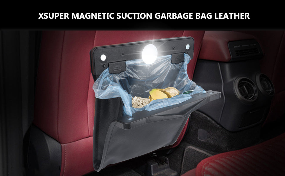 Hanging Car Trash Bag Smart LED PU Leather Garbage Can w/ 15PCS Disposable Bags
