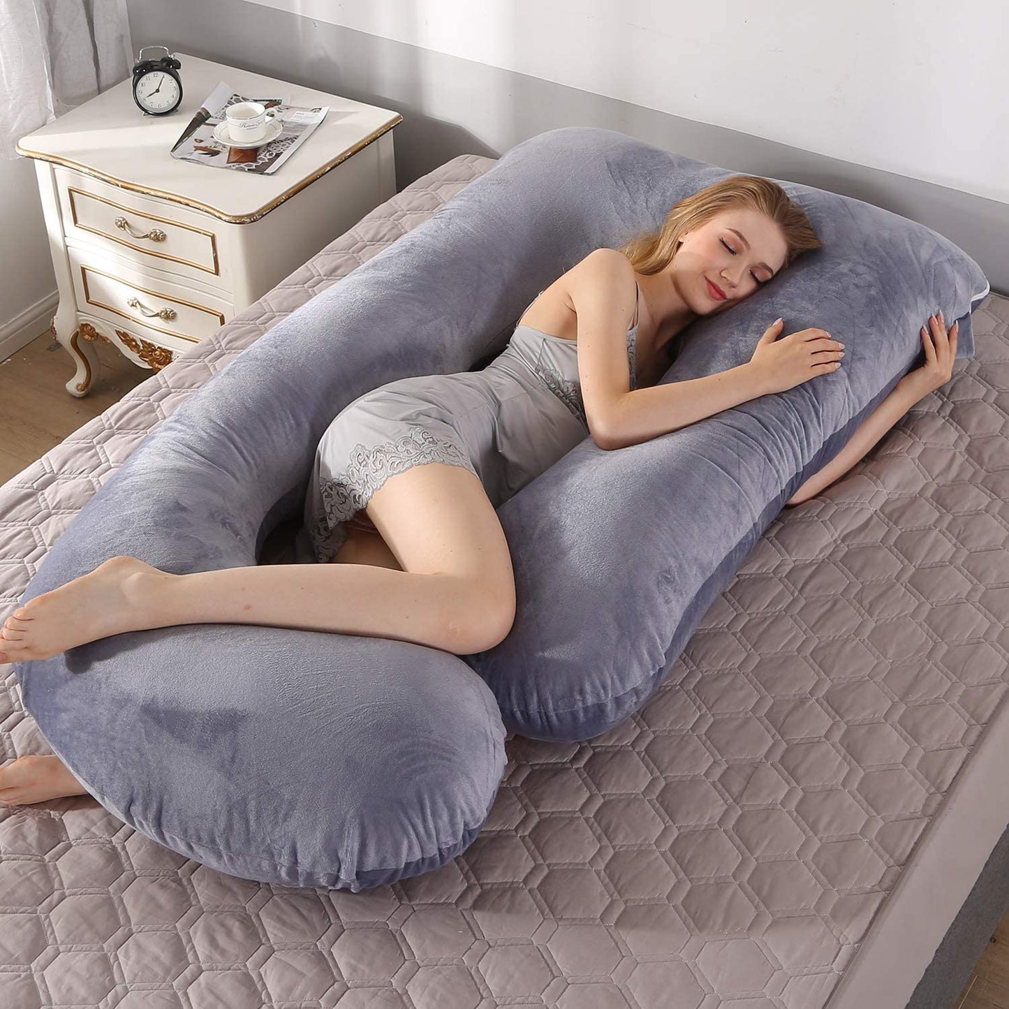Full Body Pillow w/ Cooling Support for Back, Hips, Legs, Belly for Pregnant Women (Velvet-Grey)