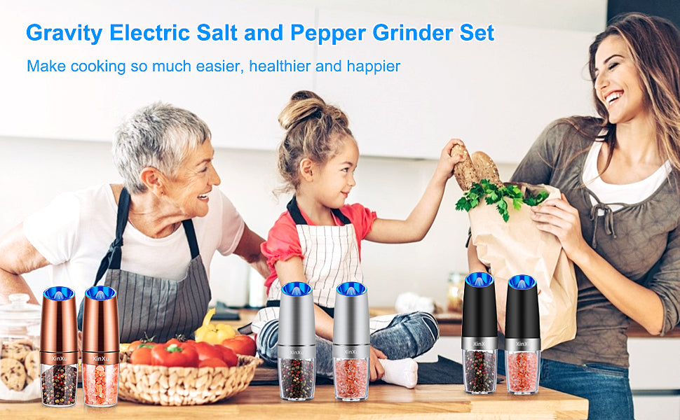 Gravity Electric Automatic Pepper and Salt Mill Stainless Steel w/ LED Light - 2 Pack