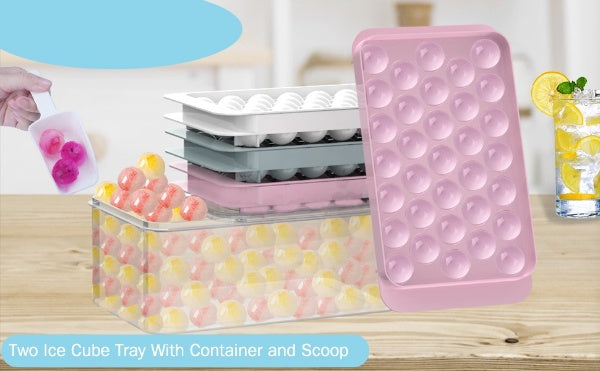 Round Ice Cube Tray Maker Mold w/ Lid & Bin