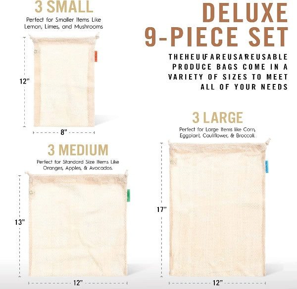 Reusable Produce Bags Cotton Mesh - 9 Pack