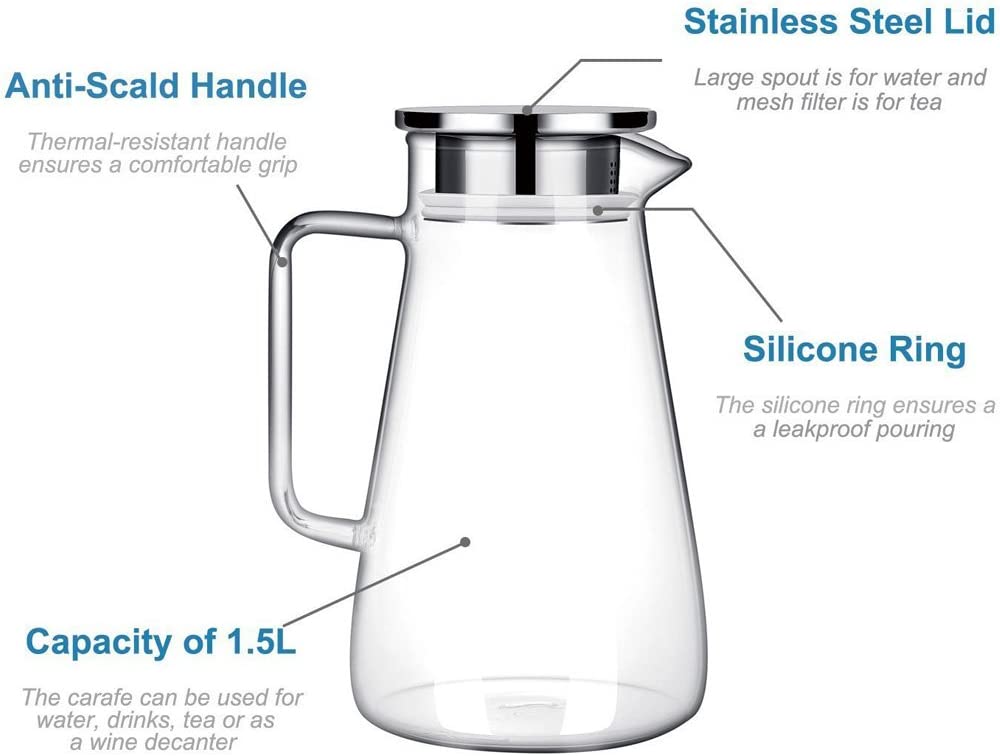Glass Water  Pitcher Borosilicate 52 ounces w/ Handle