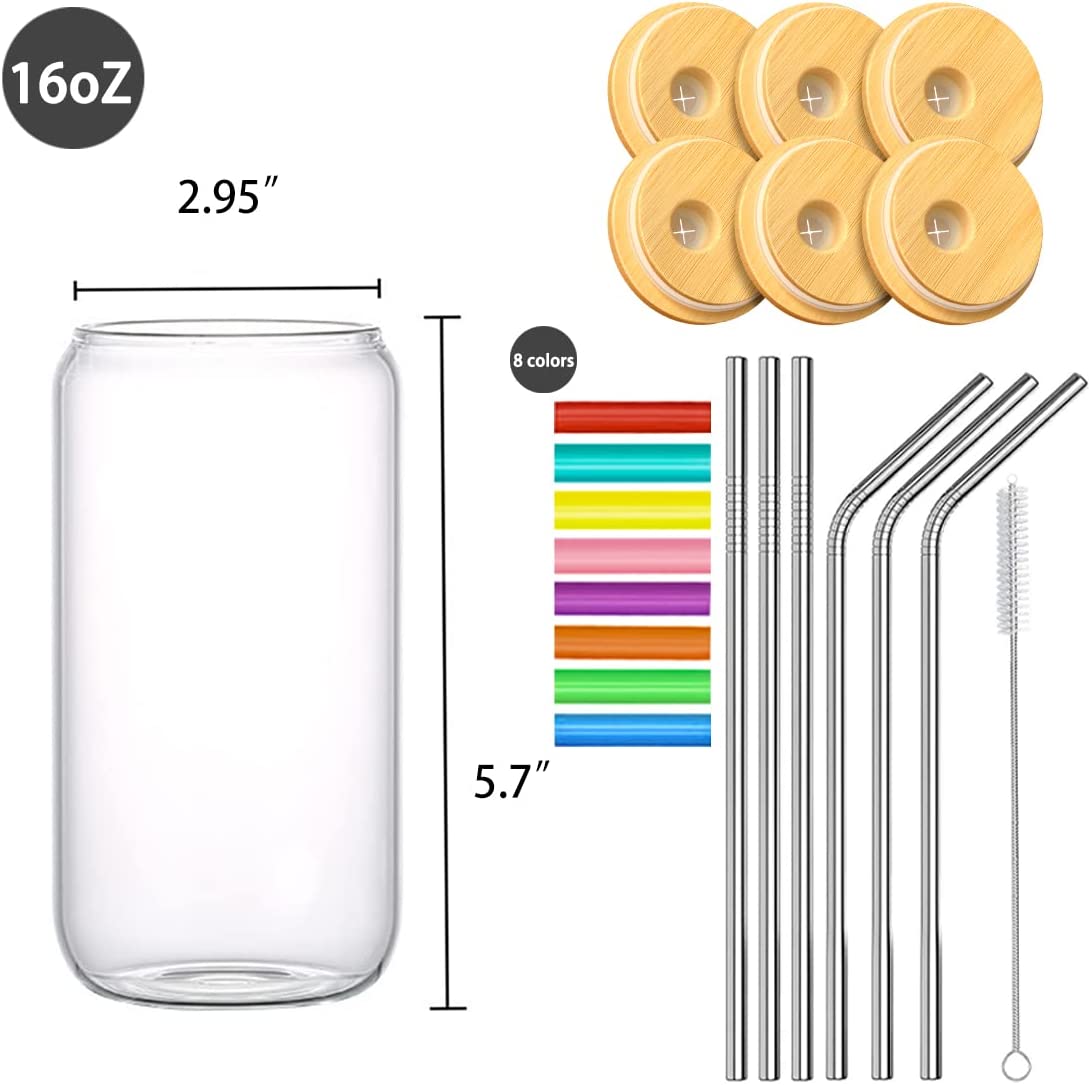 6 PCS Glass Cups w/ Lids & Straws