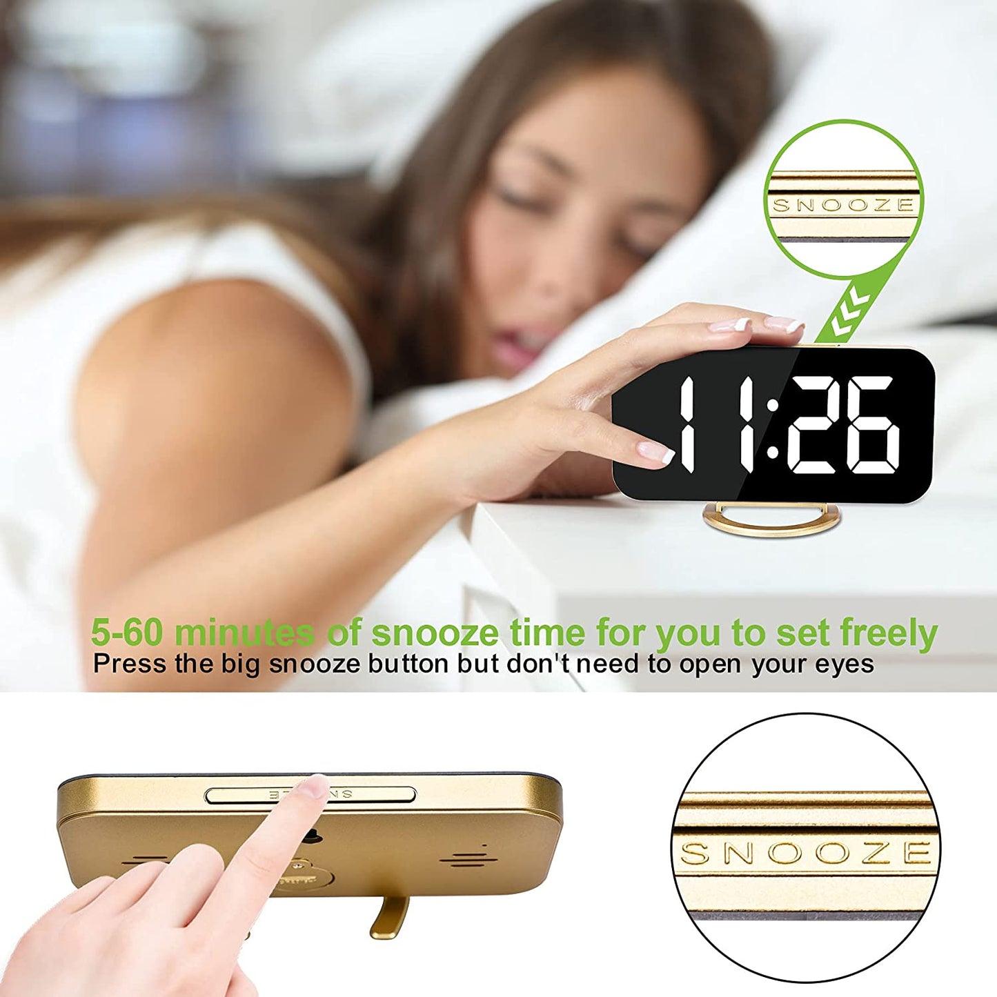 Large Digital Alarm Clock w/ LED and Mirror Dual USB Charger Ports 3 Levels