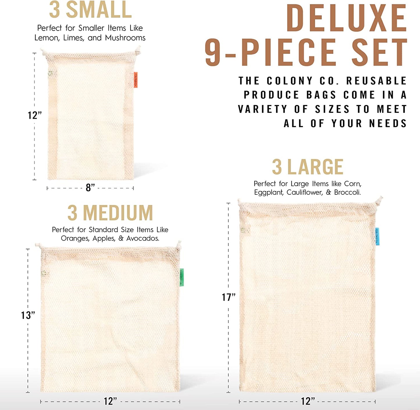 Reusable Produce Bags Cotton Mesh - 9 Pack