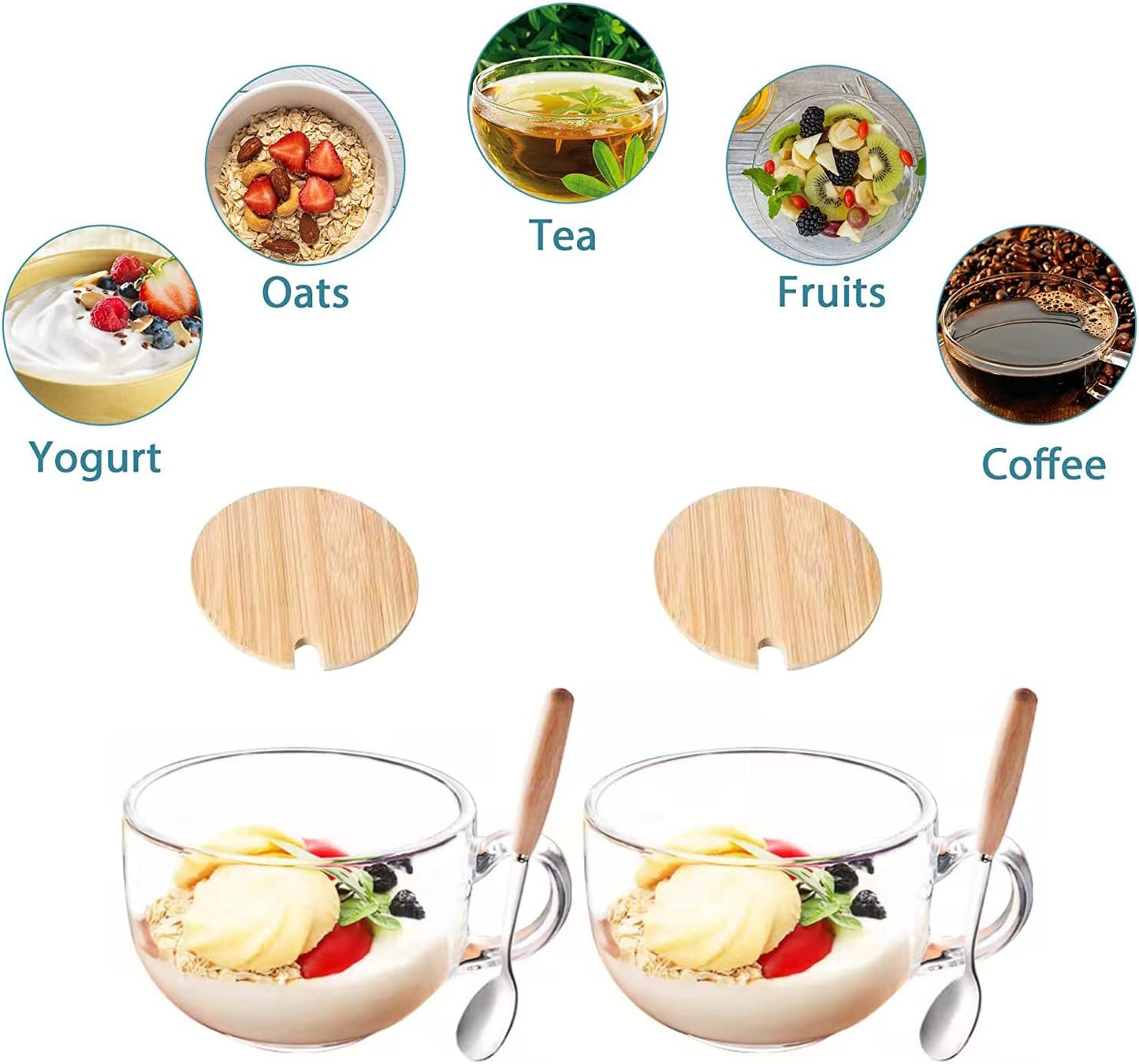 2 Pieces Glass Cup Mug w/ Lid & Spoon For Breakfast Tea Milk Beverage Oats Yoghurt