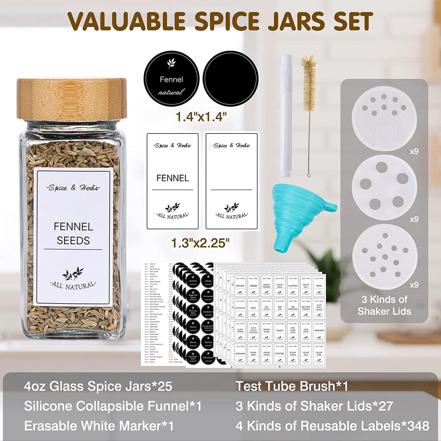 Glass Spice Jars 25pcs w/ Labels 25pcs 4oz.