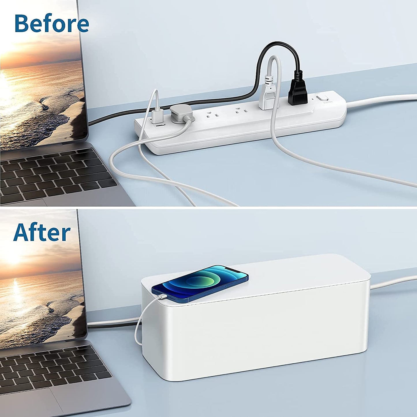 Cord Organizer Cable Management Box Cover For USB USB Hub, TV Wires, Power Strips Proof Lock-White - 2 Pack