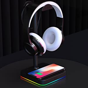 Headphone Stand w/ Wireless Charger Desk Gaming Headset Holder Hanger Rack & Charging Pad